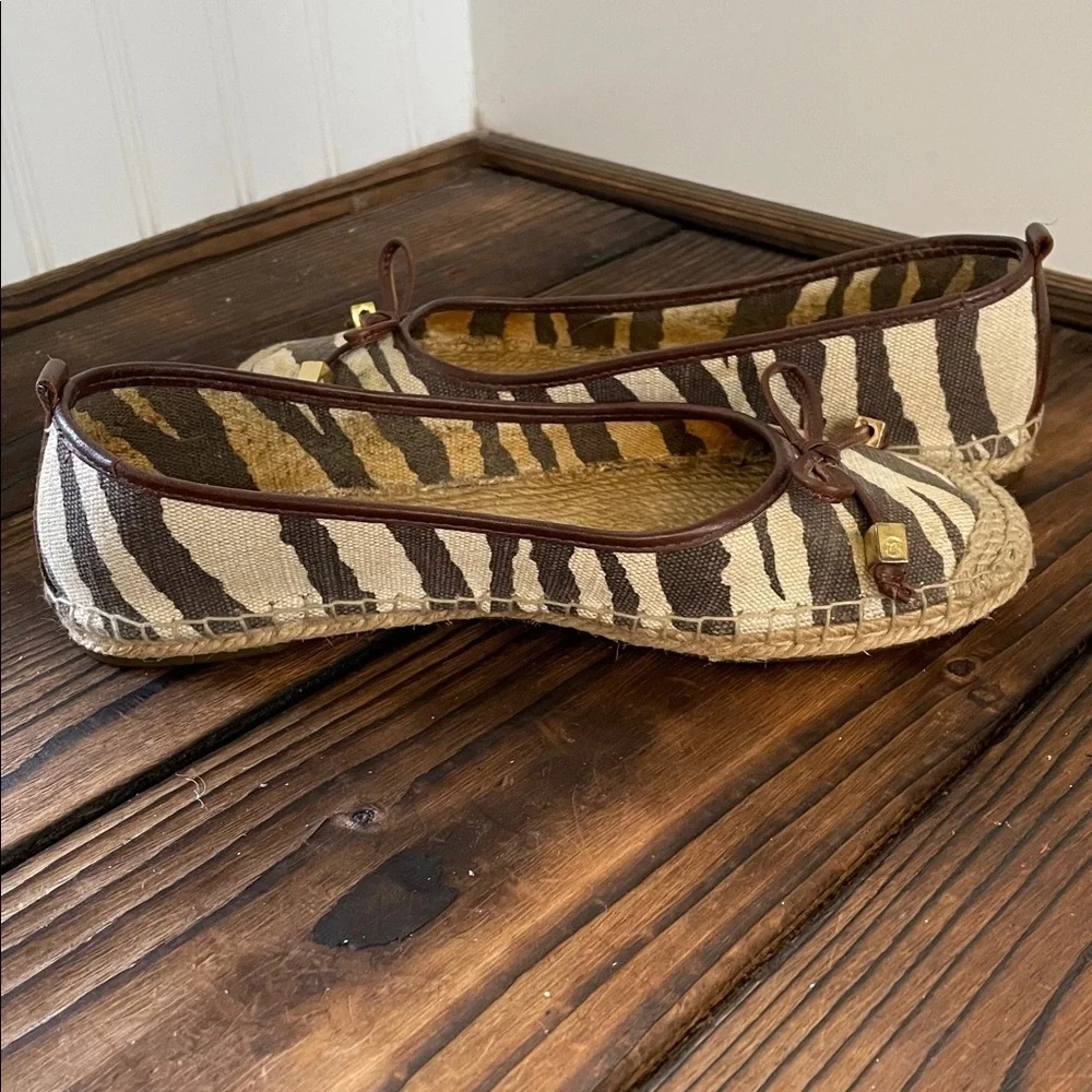 Michael Kors Brown and Tan Zebra Print Espadrille Flats with Bow